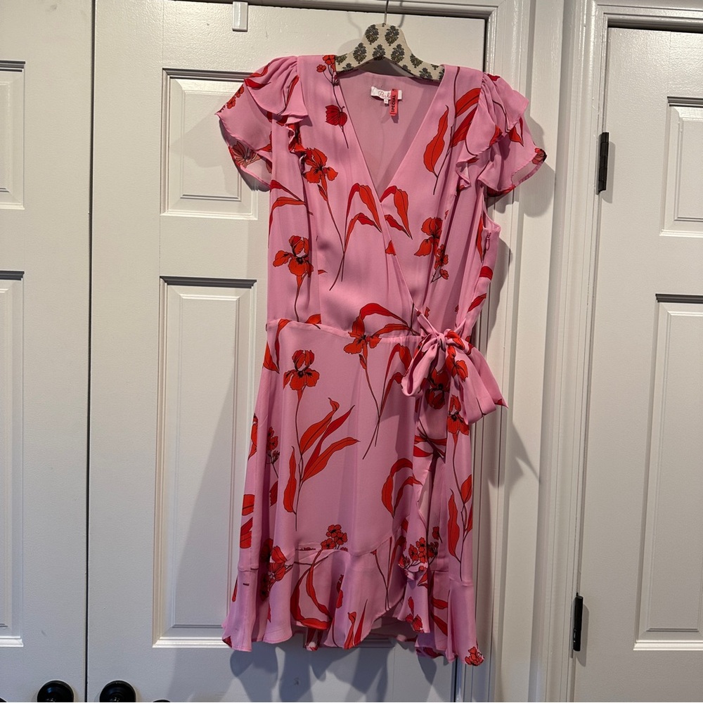 Parker Women's Pink Red Floral Blondie Cap Sleeve Wrap Mini Dress Size 8
